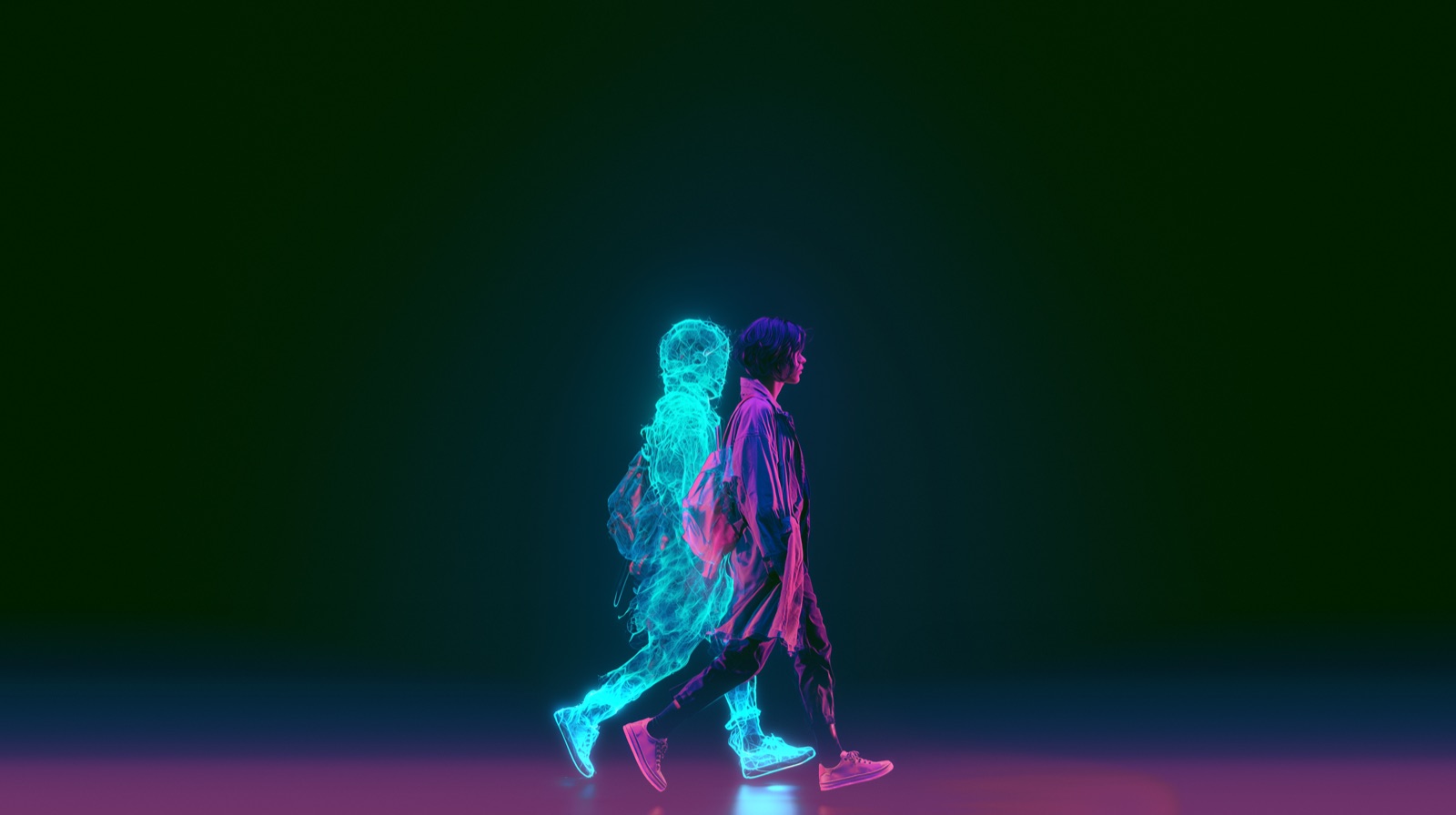 A person walking with their glowing digital twin beside them