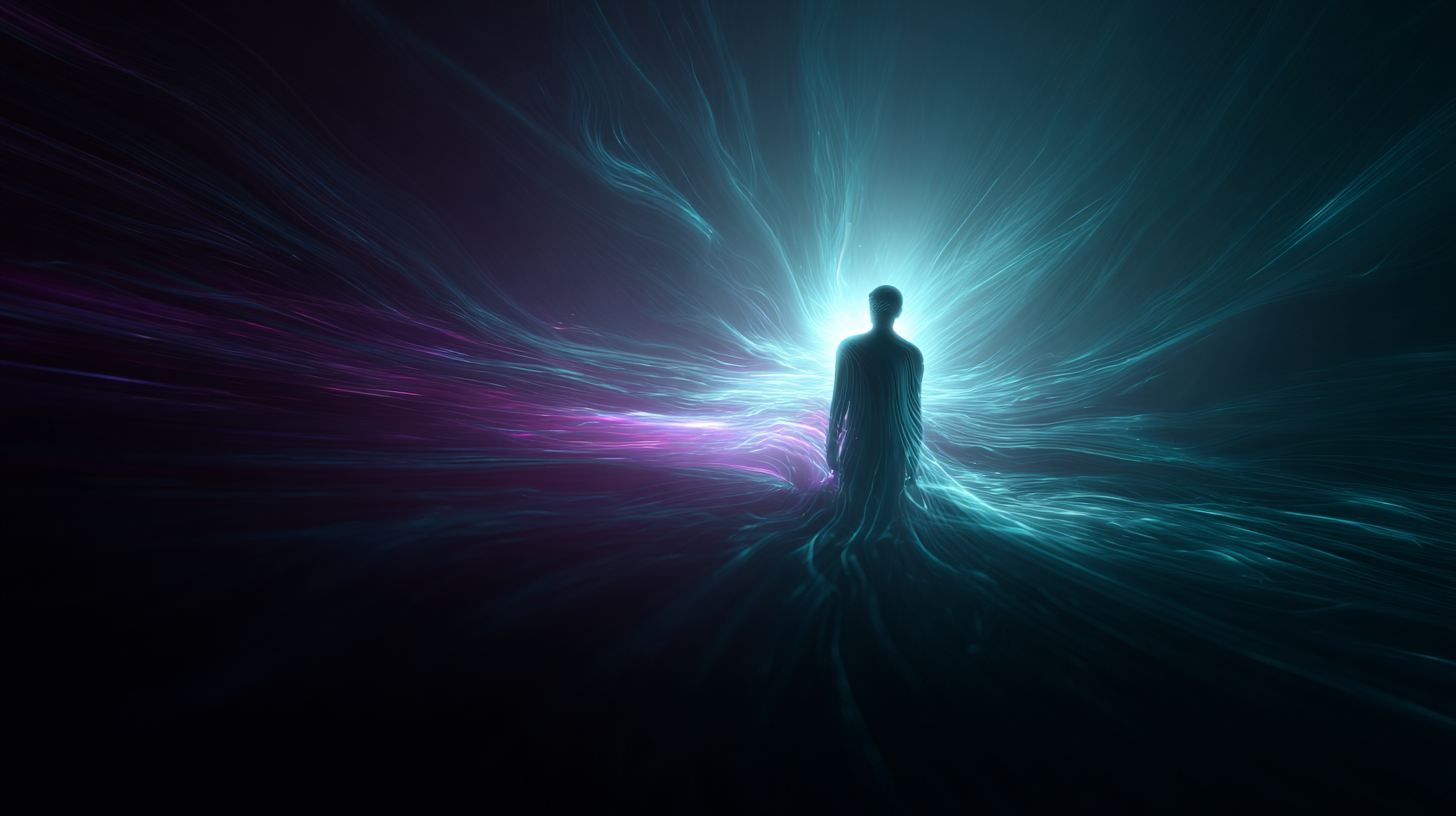 A human figure emerging from streams of light: you, at the center of your own AI