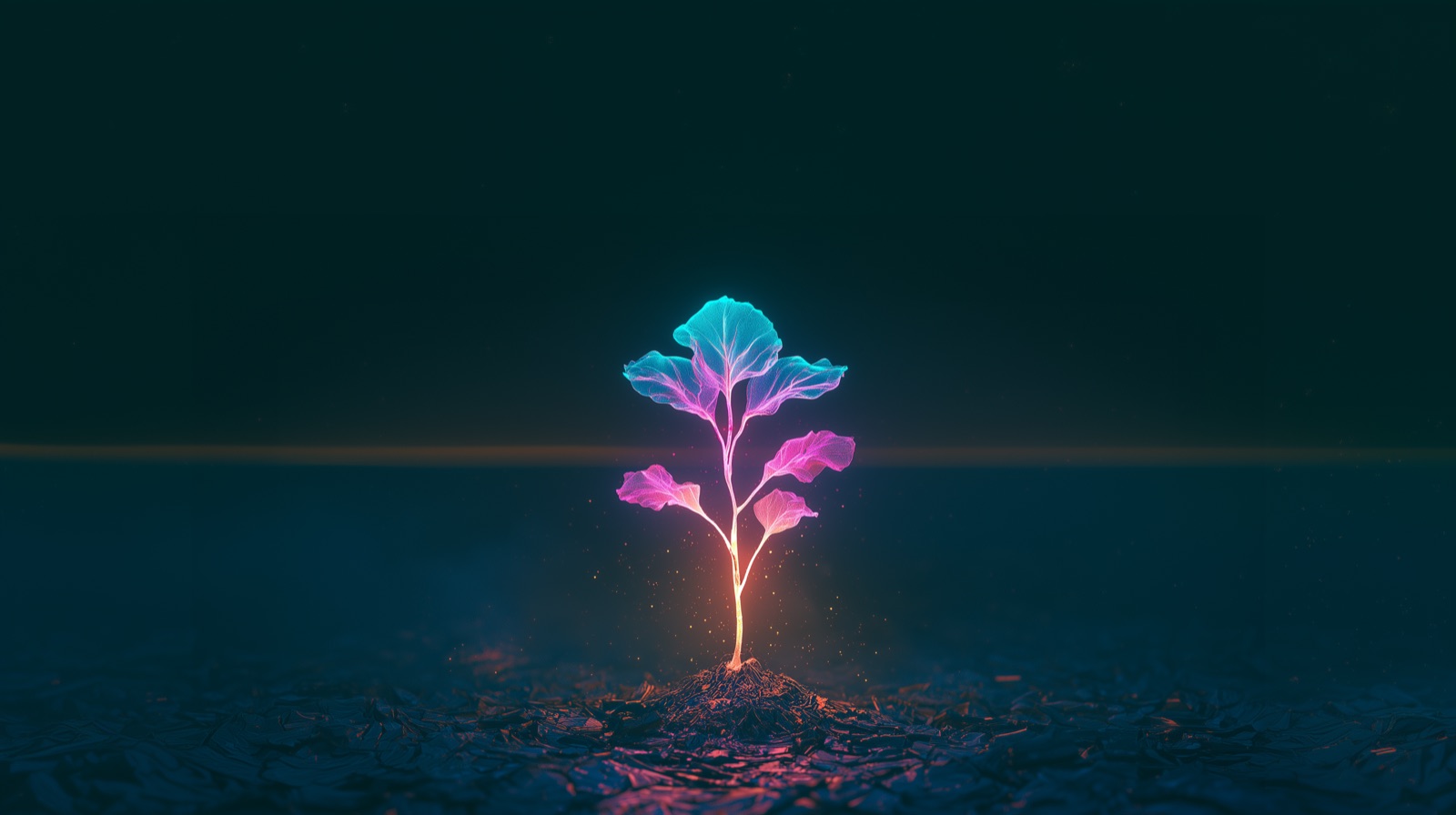 A glowing seedling of cyan and pink leaves sprouting from dark soil